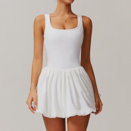 White Square Neck Tennis Dress with Built-in Shorts, Bubble Hem Workout Dress for Yoga & Golf