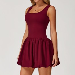 White Square Neck Tennis Dress with Built-in Shorts, Bubble Hem Workout Dress for Yoga & Golf