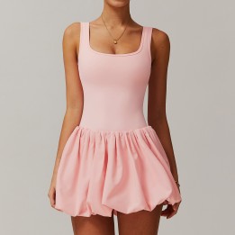 Pink Square Neck Tennis Dress with Built-in Shorts, Bubble Hem Athletic Dress for Golf