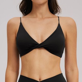 Black Twist Front Yoga Sports Bra, Thin Strap Wireless Workout Bralette for Women