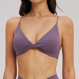 Purple Twist Front Yoga Sports Bra, Thin Strap Padded Workout Bra
