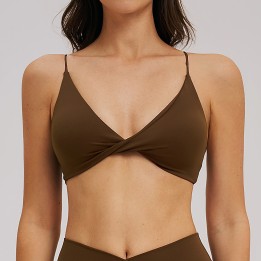 Brown Twist Front Yoga Sports Bra, Breathable Wireless Workout Bralette