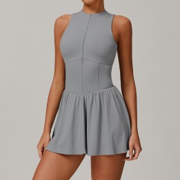 Grey Zip Front Tennis Dress with Built-in Shorts, High Neck Sleeveless Athletic Dress for Yoga Golf