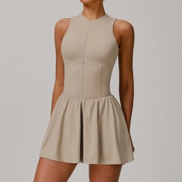 Beige Zip Front Tennis Dress with Built-in Shorts, High Neck Sleeveless Workout Dress for Women