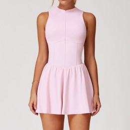 Pink Zip Front Tennis Dress with Built-in Shorts, High Neck Sleeveless Workout Dress for Golf