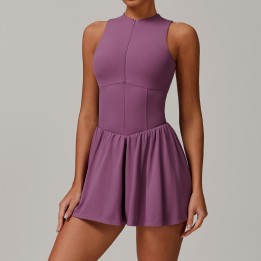 Purple Zip Front Tennis Dress with Built-in Shorts, Sleeveless High Neck Athletic Dress for Women