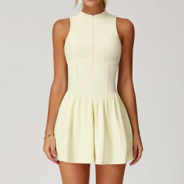 Cream Zip Front Tennis Dress with Built-in Shorts, High Neck Sleeveless Yoga Dress for Women